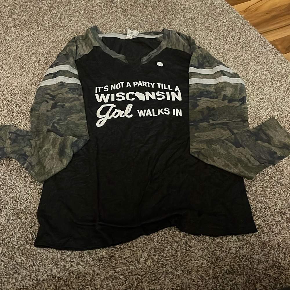 Wisconsin girl long sleeve t shirt with camo sleeves